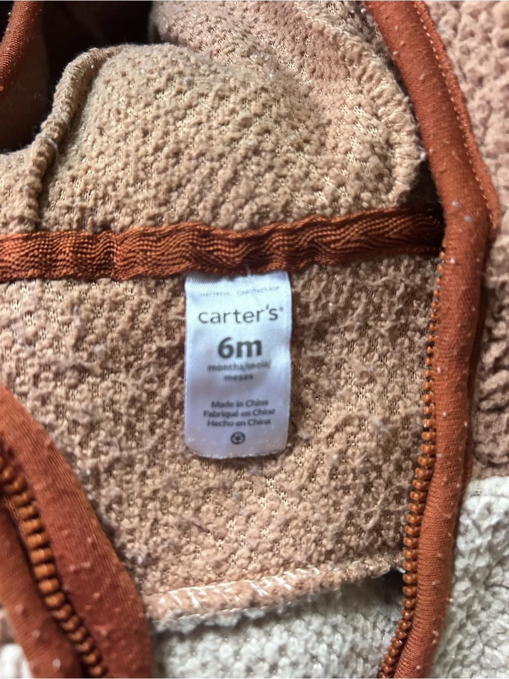 Cozy Cream Sherpa Hooded One-Piece with Rust Trim